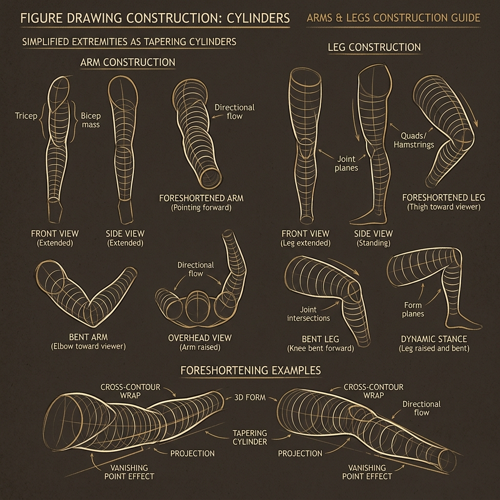 Arms and legs as tapering cylinders with cross-contour lines