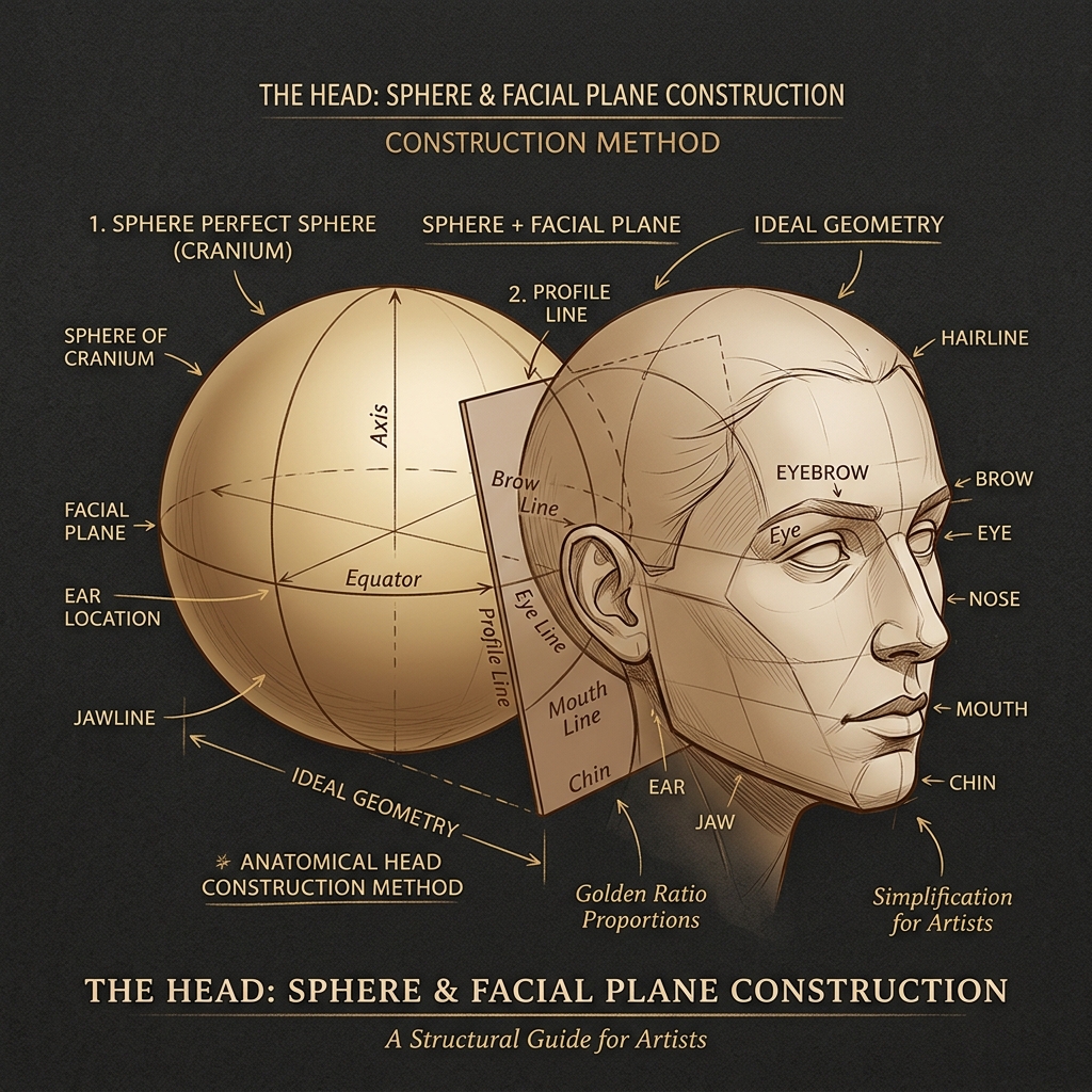 Head constructed as sphere with facial plane