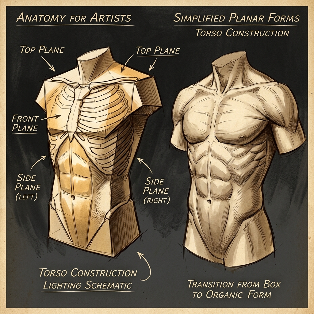 Torso simplified into front, side and top planes